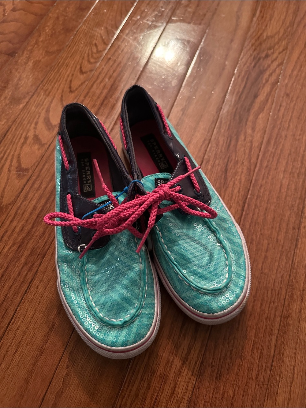 Sperry Teal Sequin Boat Shoes with Pink Laces